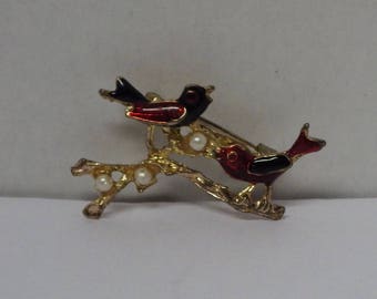 Black and Red Birds on Branch Brooch