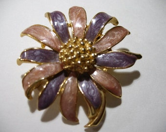Vintage Gold Tone and Enamel Flower Brooch, Signed