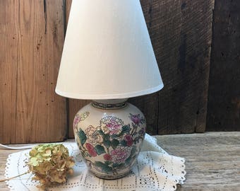 Vintage Ginger Jar Accent Lamp/Pink Flowers/Ivory Shade/Electric/Small