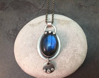 25% Off Labradorite Blue Flash Cabochon with Charm Sterling Silver Metalwork Necklace