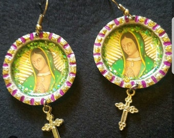 Hand painted recycled bottle cap earrings