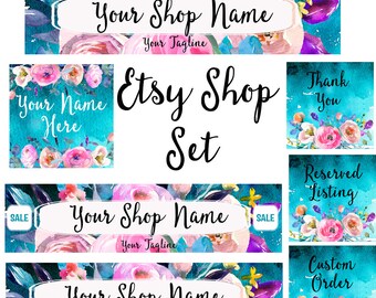 Etsy Shop set watercolor bouquet flowers shop header blue pink modern watercolor graphics floral feminine