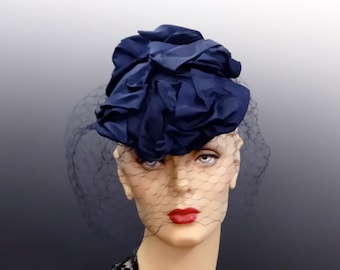 1930's French Tilt Hat Fascinator Blue Moire Silk Ribbon and Birdcage Veil Made in France