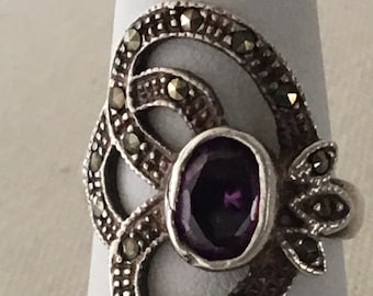 925 silver purple stone and marcasite ring size 6.5