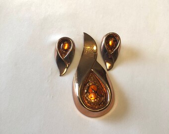 Vintage - MATISSE RENOIR - COPPER Brooch/Clip-On Earrings Set 1950s
