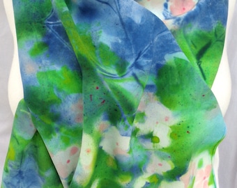 silk scarf hand painted Hydrangea Pink lime navy blue crepe large long unique luxury wearable art morgansilk scarves