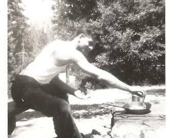 Vintage Snapshot "Fish Fry" Cooking Camping Fry Pan Handsome Man Found Vernacular Photo