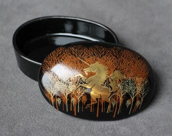 Otagiri Unicorn Trinket Box, Porcelain Pill Box, Vintage Japanese Ring Box, Lidded Ring Dish, Japan
