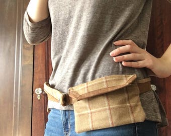 Wool Fanny Pack, Faux Suede Leather Hip Purse