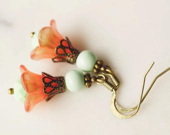50% off SALE! Earrings, Mint and coral lucite flower dangle earrings 1