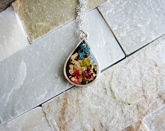 Rainbow Pendant Necklace, Teardrop Necklace, Boho Necklace, Silver Necklace, Minimalist Necklace, Gold Flake Necklace, Resin Jewelry