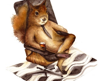 Squirrel art, squirrel art print, squirrel watercolor print, squirrel print, squirrel with drink, "Duncan"