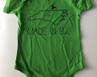 Made in NC, Size: 12 months, North Carolina Baby Romper/one piece - Green with Black print, screen printed