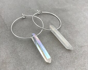 Raw crystal earrings, Angel aura quartz hoop earrings, Quartz point earrings, Simple hoop earrings