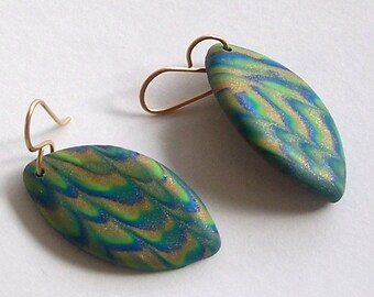Teal and Gold Feathered Design Lightweight Polymer Clay Earrings by Carol Wilson of Je t'adorn
