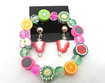 Children's Handmade Polymer Clay Fruit Slice Stretch Bracelet/ Pierced Earring Set (J1c5)