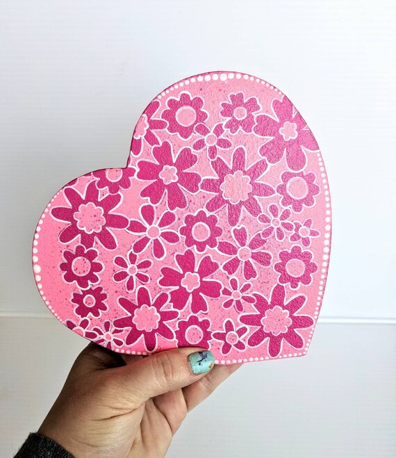 Heart hand painted heart shaped coin bank piggy bank pinks and red