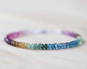 Multi Color Tourmaline and Aqua Kyanite Bracelet, Tourmaline Bracelet Watermelon Petro Colors, Ombre Rainbow Sterling Silver Rose Gold Fill