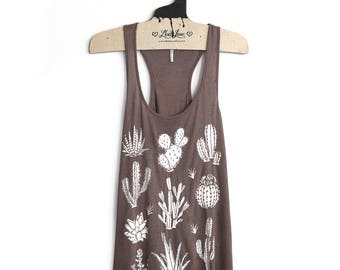 Medium- Brown Slub Speckle Racer Back Tank with Cactus Screen print