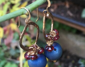 Titanium Blue Drusy, Garnets and Bali Gold Vermeil Dangle Earrings Sundance Style Earrings Boho Jewelry
