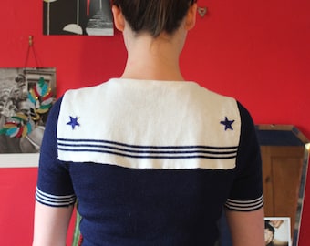 70s navy and white striped v neck nautical sailor top with jumper flap