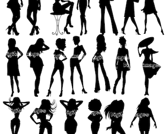 20 Women silhouettes Clipart. Model silhouettes.Beautiful women.Black silhouettes.Digital clipart.Digital images.Instant download