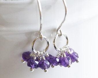 Amethyst Earrings, Gemstone earrings, Gem Earrings, Cluster earrings, Sterling silver Earrings, Dangle earrings, February birthstone