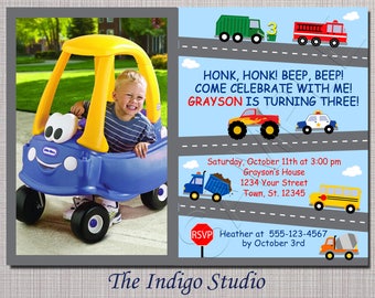 Cars and Trucks 3rd Birthday Party Invitation ALL AGES see other verse options in description -Option with No photo invitation you Print