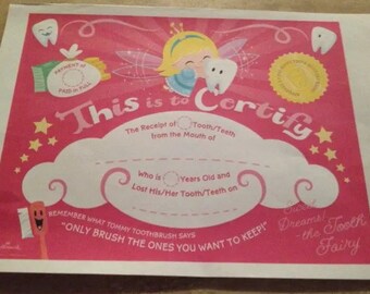 Boys & Girls Pink, Blue or Green Magic Tooth Fairy Certificate