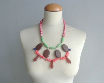 Pink brown necklace, salmon pink bib necklace, colourful chunky necklace, modern tribal necklace, statement pink green necklace