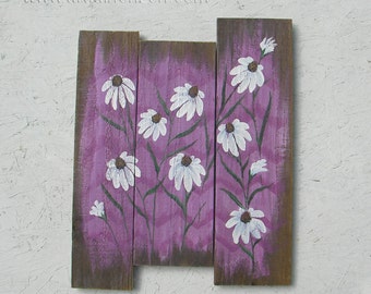 Farmhouse Country Cottage Chic Original White Echinacea Painting Chevron Pattern Wildflowers Home Decor Radiant Orchid Reclaimed Wood