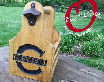 Personalized Beer Caddy with Bottle Opener wood engraved assembled and stained.rustic wood, one of a kind, customized for you