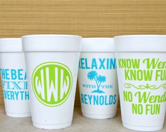 100 Personalized Foam Party Cups, Customizable Styrofoam Cups, Monogrammed Cups, Beach Wedding, Birthday Party, Printed Party Cups