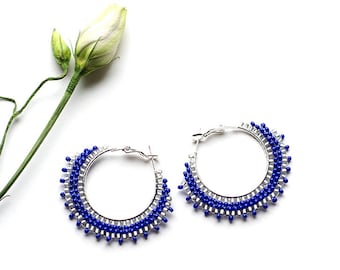 Girlfriend Gift Blue Boho Earrings Gift for Wife Birthday Gift Silver Plated Hoop Earrings Trendy Jewelry Gypsy Jewelry Summer Fashion Gift