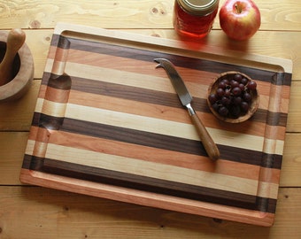 Striped Hardwood Cutting Board with Well and Groove, Two Sizes, Hardwood Carving Board, Juice Catching Groove