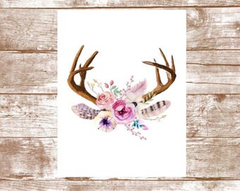 Printable Nursery Art - Floral Wreath Antlers - Watercolor Deer - Floral Wreath - Boho Nursery - Digital Download - Nursery Wall Decor