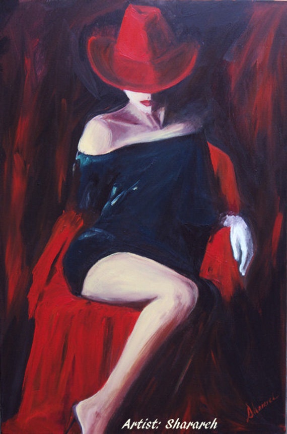 Femme au chapeau rouge impression sur papier noir et rouge