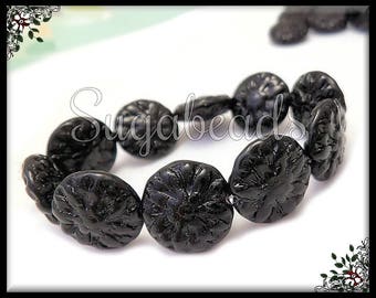 6 Black Czech Glass Flower Beads - Black Dahlia Flowers 14mm CZN22