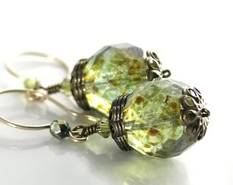 Moss Green Earrings 14K Gold Fill Hook Earrings Bohemian Glass Green Dangle Earrings Olive Green Earrings Green Bead Drop Earrings
