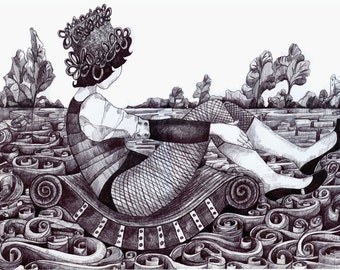 Girl On A Boat. Pen And Ink Drawing Of A Lady In A Hat. Whimsical Blank Note Card. Original Pen and Ink Drawing, Blank Greetings Card.