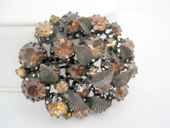 Austrian Crystal Brooch, Topaz Stones, Light and Dark Stones, Copper Setting, Rhinestone Pendant Pin