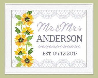 pdf Wedding Cross Stitch Pattern - DIY customizable Cross Stitch Pattern- Mr & Mrs Wedding Gift - sunflowers - easy cross stitch pattern