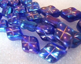 Czech Glass Puffed Diamonds in Cobalt AB Beads