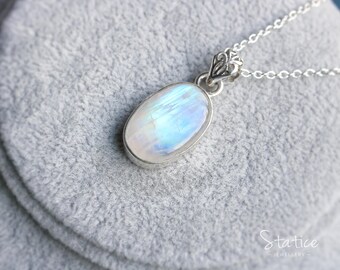 Moonstone Pendant Necklace Sterling Silver, Vintage Filigree, Large Genuine Natural Blue Moonstone, Long Layering Necklace, Gift For Women