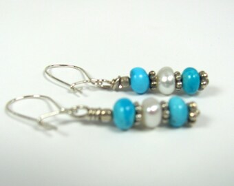 Turquoise, Pearl, Sterling Silver Earrings