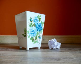 White Plastic Trash Can, Hand Painted Blue Roses, Square Plastic Waste Paper Basket, Vintage Office Boudoir Nursery Powder Room Decor
