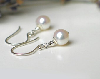Petite Pearl Earrings | 6mm White Freshwater Pearl Dangles | Sterling Silver | Leverbacks | Wedding Birthday Gift | Everyday Pearl Earrings