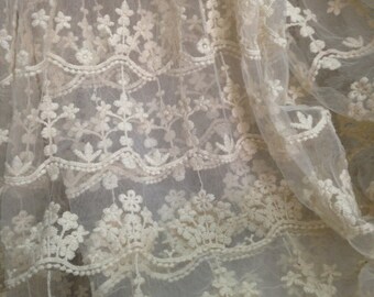 ivory embroidered gauze lace fabric, retro floral lace fabric, scalloped trim lace fabric, vintage style lace