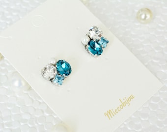 Swarovski Crystal Elements Earrings - Blue & Pearl