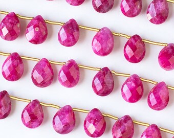 Ruby Faceted Hand Cut Gemstone Briolette Beads - Size 7x10mm - Natural Grade A - Top Drilled Horizontal - 02 pieces per order
